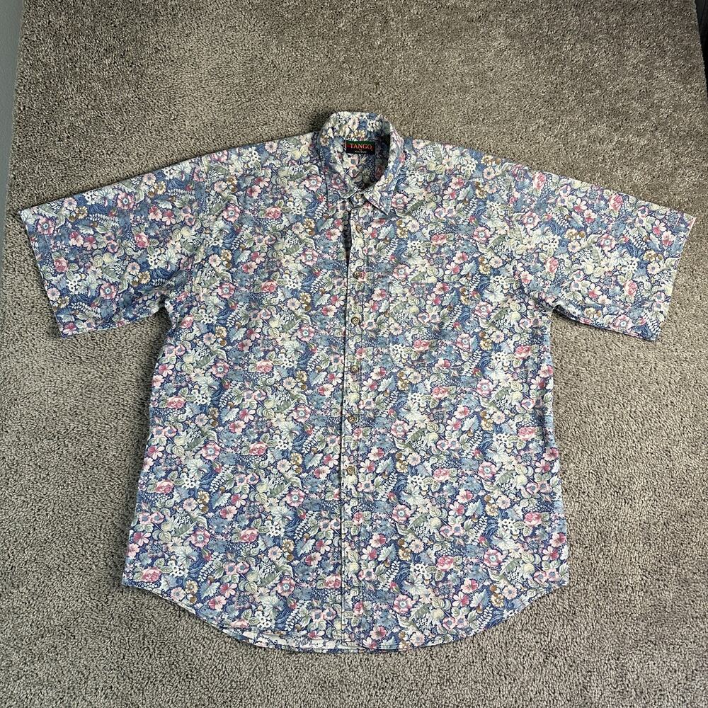 VINTAGE Tango by Max Raab Shirt Mens XL Blue Floral Garden Hawaiian Bouquet